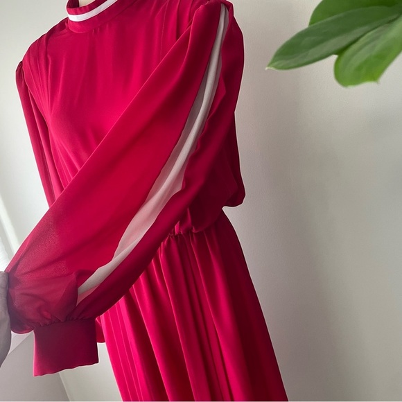 Vintage Joyce Palmer Fuchsia Pink Chiffon Midi Dress Long Sleeve Medium 80s 90s - Picture 6 of 12